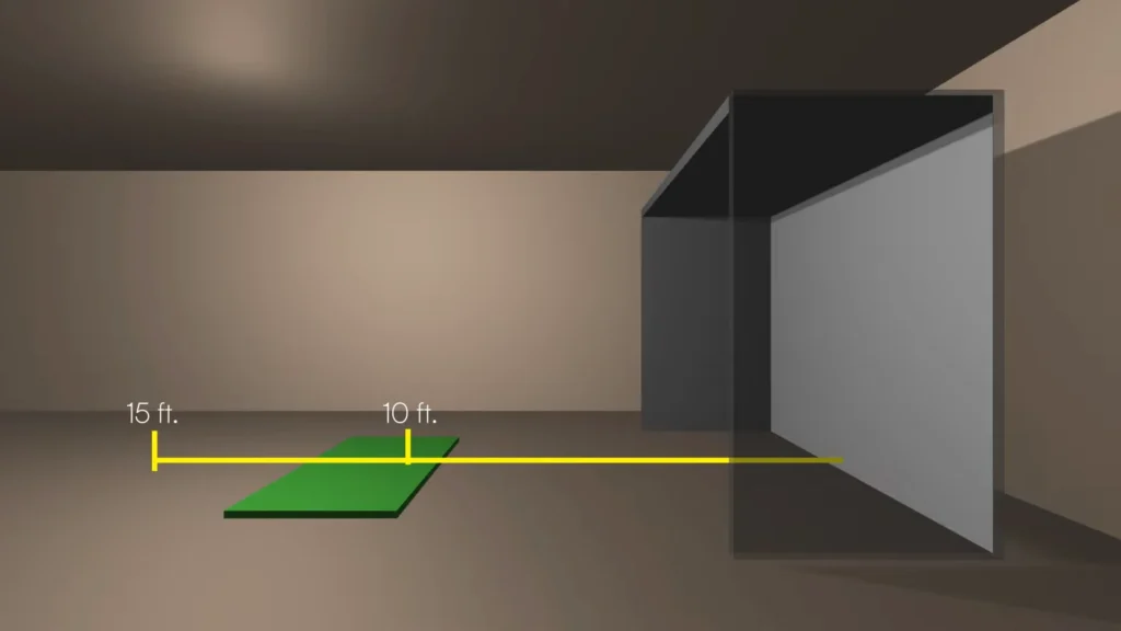 indicating distance from simulator to golf hitting mat