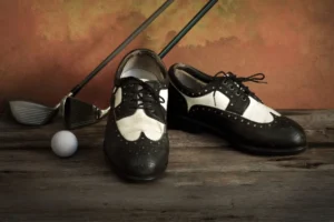An image displaying black golf shoes and golf club