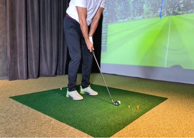 Golf player playing golf indoors on golf simulator