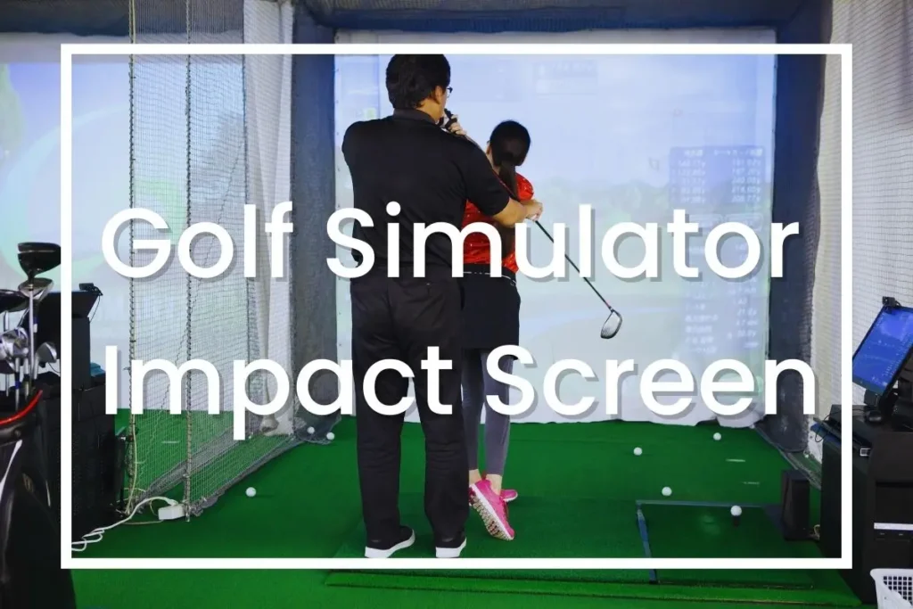 An image a man teaching a girl to play golf on golf simulators.